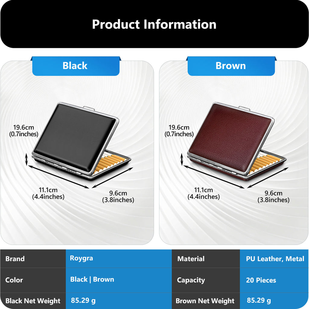 Cigarettes Smoking Accessories for Smoke, Metal & Leather Box for Regular, King Size and 100mm 100's