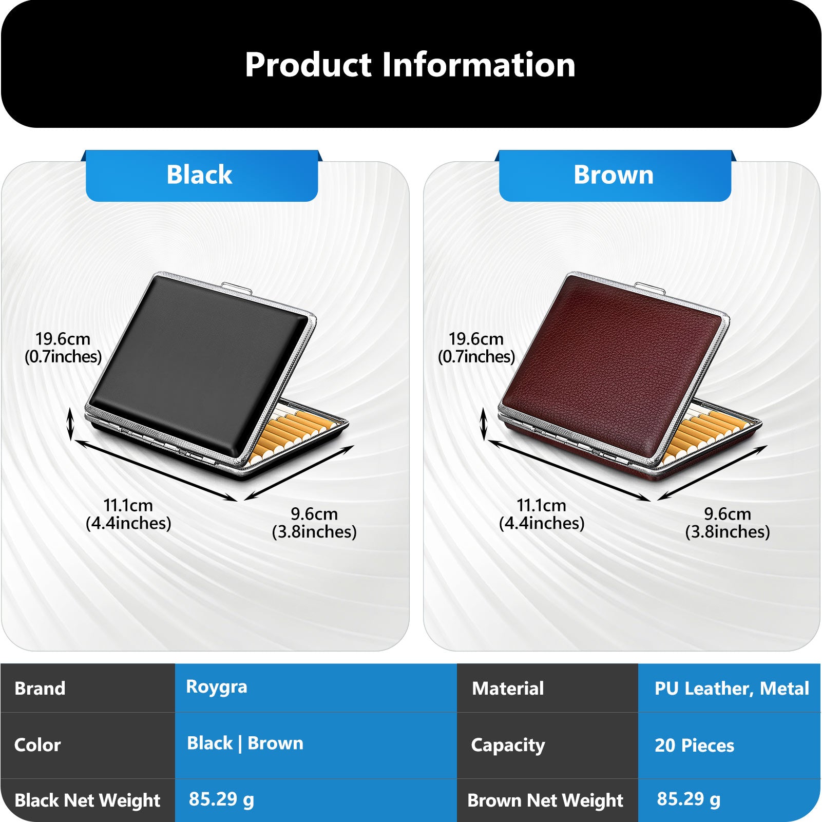 Cigarettes Smoking Accessories for Smoke, Metal & Leather Box for Regular, King Size and 100mm 100's