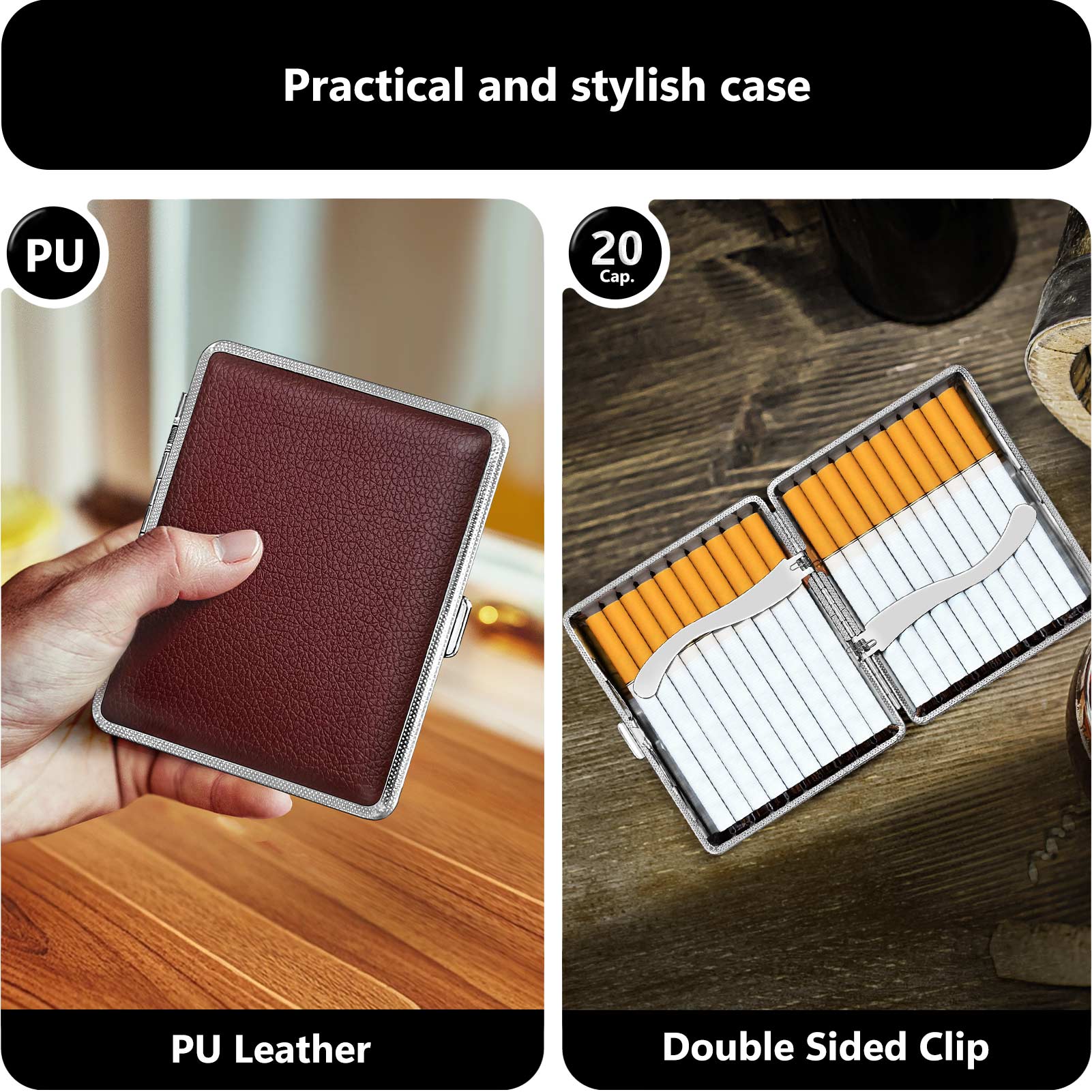 Cigarettes Smoking Accessories for Smoke, Metal & Leather Box for Regular, King Size and 100mm 100's
