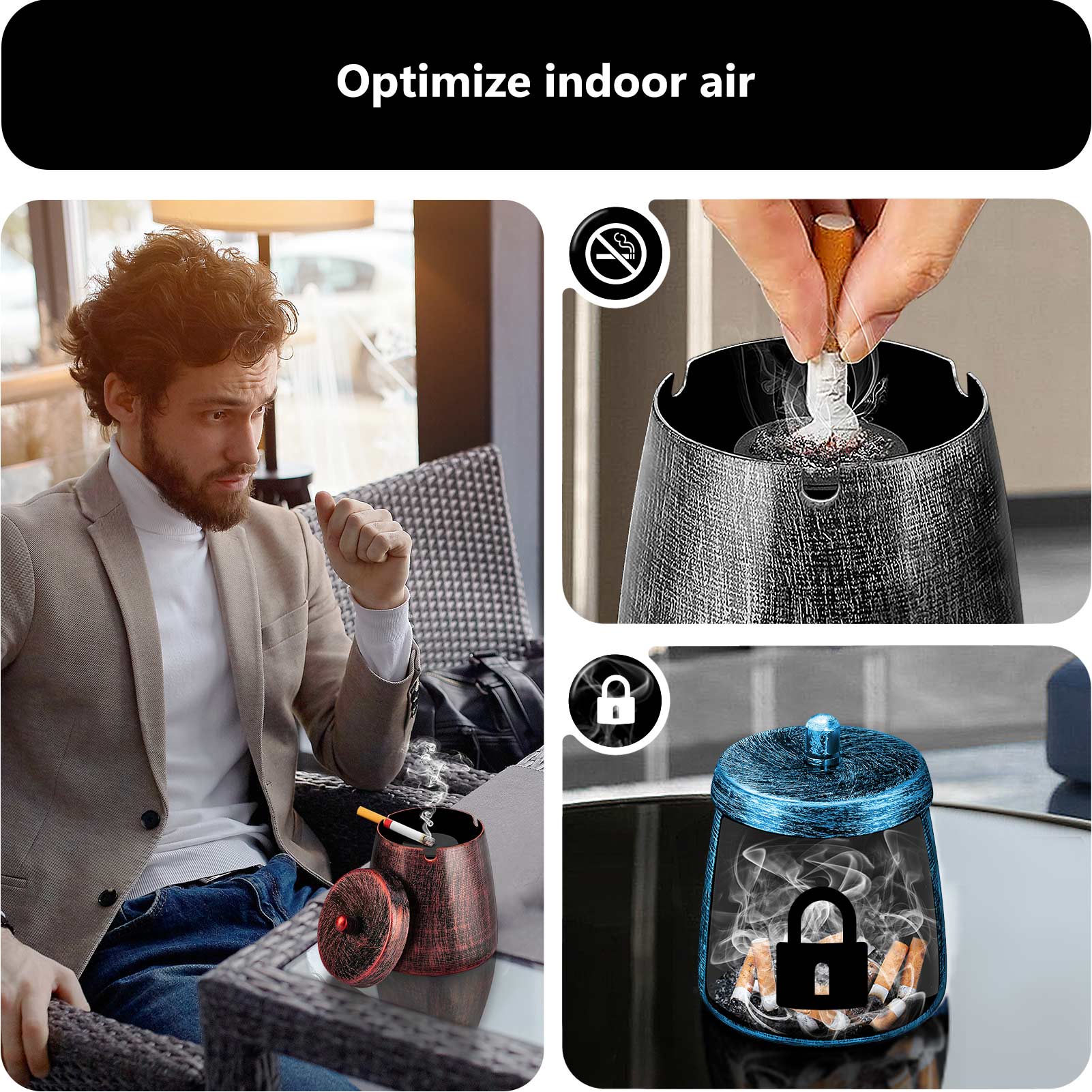 Ash Tray with Lid, Outdoor Ashtray for Outside Patio, Smokeless Metal Ashtrays for Cigarettes with 3 Holder, Smoking Accessories, Home Décor, Ashtrays for Smokers Indoor